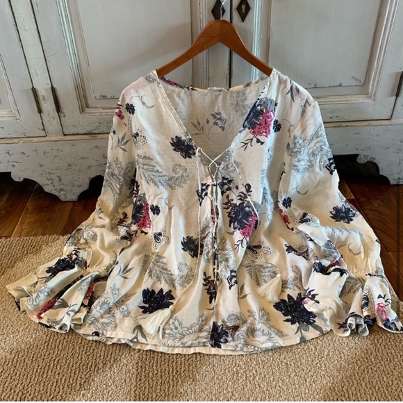 S LEFT Bohemian Tassel Tie Fall Floral Blouse - Picture 3 of 5